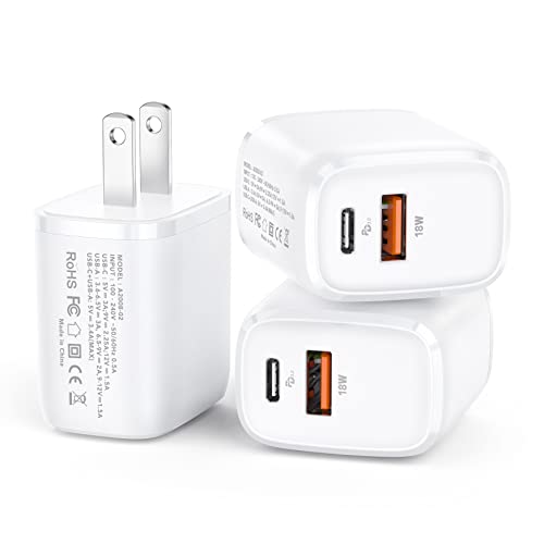 3-Pack Fast Charging Block, Upgraded 20W USB C Wall Charger Block, Dual Port PD Power Delivery Type C Charge Adapter Brick for iPhone 13/12/11 /Pro/Max/Mini/iPad/Samsung Galaxy, Watch Series 7（White）