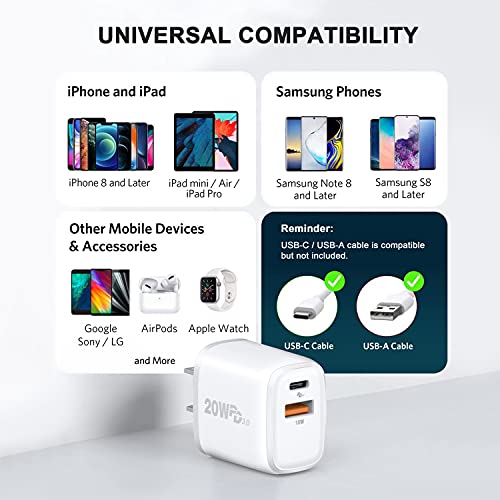 3-Pack Fast Charging Block, Upgraded 20W USB C Wall Charger Block, Dual Port PD Power Delivery Type C Charge Adapter Brick for iPhone 13/12/11 /Pro/Max/Mini/iPad/Samsung Galaxy, Watch Series 7（White）