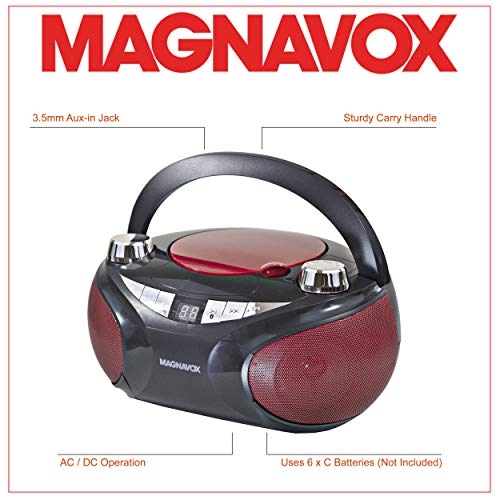 Magnavox MD6949 Portable Top Loading CD Boombox with AM/FM Stereo Radio and Bluetooth Wireless Technology in Red and Black | CD-R/CD-RW Compatible | LED Display |