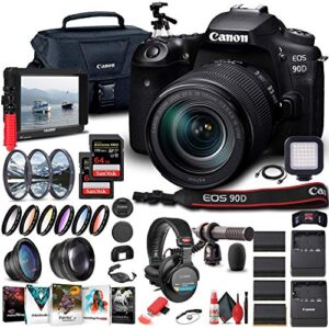 canon eos 90d dslr camera with 18-135mm lens (3616c016) + 4k monitor + pro headphones + pro mic + 2 x 64gb memory card + case + corel photo software + pro tripod + 3 x lpe6 battery + more (renewed)