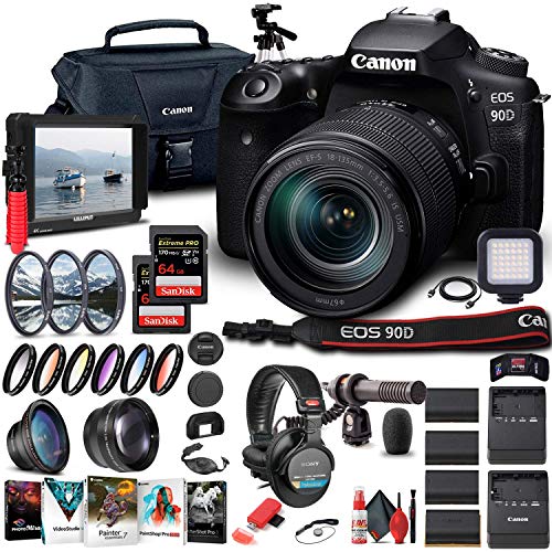 Canon EOS 90D DSLR Camera with 18-135mm Lens (3616C016) + 4K Monitor + Pro Headphones + Pro Mic + 2 x 64GB Memory Card + Case + Corel Photo Software + Pro Tripod + 3 x LPE6 Battery + More (Renewed)