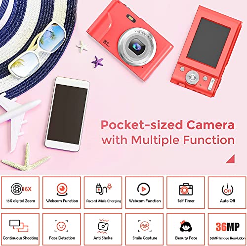 TOBERTO HD 1080P Digital Camera, 36MP 16X Digital Zoom Vlogging Mini Camera with LCD, Digital Point and Shoot Camera Video Camera, for Kids Students Beginners Beauty Face
