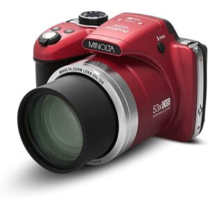 Minolta MN53Z-R Pro Shot 16MP Digital Camera with 53x Optical Zoom, Red Bundle with Lexar Professional 633x 64GB UHS-1 Class 10 SDXC Memory Card and Deco Gear Camera Bag (Small) with Accessory Kit