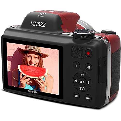 Minolta MN53Z-R Pro Shot 16MP Digital Camera with 53x Optical Zoom, Red Bundle with Lexar Professional 633x 64GB UHS-1 Class 10 SDXC Memory Card and Deco Gear Camera Bag (Small) with Accessory Kit