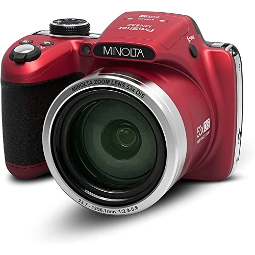 Minolta MN53Z-R Pro Shot 16MP Digital Camera with 53x Optical Zoom, Red Bundle with Lexar Professional 633x 64GB UHS-1 Class 10 SDXC Memory Card and Deco Gear Camera Bag (Small) with Accessory Kit