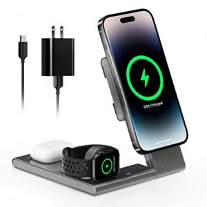 3-in-1 foldable magnetic wireless charger with magsafe charger stand, fast magnetic charging station for iphone 14/13/12 series, iwatch 8/7/6/se/5/4/3/2, airpods 3/2/pro (with qc 3.0 adapter)