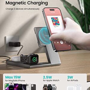 3-in-1 Foldable Magnetic Wireless Charger with MagSafe Charger Stand, Fast Magnetic Charging Station for iPhone 14/13/12 Series, iWatch 8/7/6/SE/5/4/3/2, AirPods 3/2/Pro (with QC 3.0 Adapter)