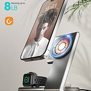 3-in-1 Foldable Magnetic Wireless Charger with MagSafe Charger Stand, Fast Magnetic Charging Station for iPhone 14/13/12 Series, iWatch 8/7/6/SE/5/4/3/2, AirPods 3/2/Pro (with QC 3.0 Adapter)