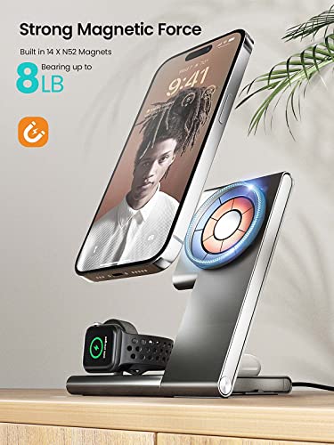 3-in-1 Foldable Magnetic Wireless Charger with MagSafe Charger Stand, Fast Magnetic Charging Station for iPhone 14/13/12 Series, iWatch 8/7/6/SE/5/4/3/2, AirPods 3/2/Pro (with QC 3.0 Adapter)