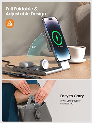 3-in-1 Foldable Magnetic Wireless Charger with MagSafe Charger Stand, Fast Magnetic Charging Station for iPhone 14/13/12 Series, iWatch 8/7/6/SE/5/4/3/2, AirPods 3/2/Pro (with QC 3.0 Adapter)