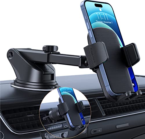 Phone Mount for Car Phone Holder [Military-Grade Suction & Stable Clip]Car Phone Holder Mount Windshield Dashboard Air Vent Universal Cell Phone Automobile Mount Fit For All iPhone Android Smartphones