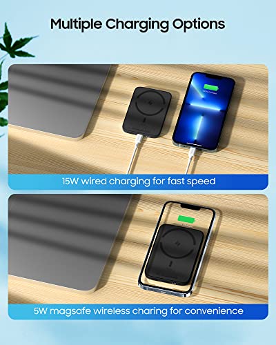 BENKS Magnetic Wireless Power Bank Compatible with Magsafe, Ultra-Thin 5000 mAh Magnetic Battery Pack for iPhone 14, iPhone 13, iPhone 12 Series, Portable Charger with USB-C Cable