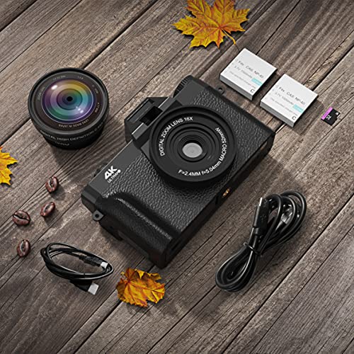 Vlogging Camera, 4K Digital Camera for YouTube with WiFi, 16X Digital Zoom, 180 Degree Flip Screen, Wide Angle Lens, Macro Lens, 2 Batteries and 32GB TF Card TopCamA03