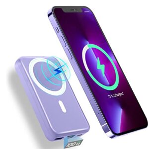aoguerbe magnetic wireless portable charger, 10000mah wireless power bank pd 22.5w fast charging with usb-c led display mag-safe battery pack compatible for iphone 14/13/12 pro/mini/pro max（purple