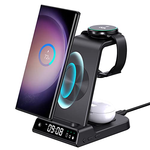 Wireless Charger for Samsung Galaxy S22 Ultra, Samsung Charging Station with Clock for Galaxy S23 Ultra/S21/S20/Z Flip3/Note 20, Samsung Watch Charger for Galaxy Watch 5/5Pro/4/3/Active 2, Buds 2/Pro