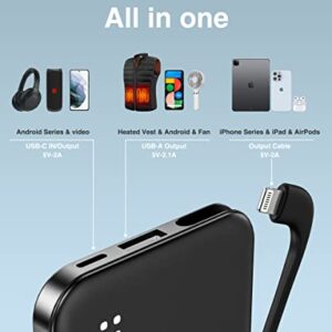 4500mAh Built in Cable Cell Phone External Battery Pack, Portable Phone Charger Power Bank 5V 2.1A Charging Mobile Phone Charger USB-C In/Out Compatible with iPhone 6/7/8/X/11/12/13/14, Heated Vest