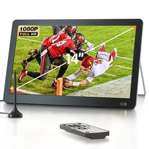 14 inch portable tv with antenna, desobry portable small tv with atsc tuner, rechargeable battery operated mini tv lcd monitor 1080p,built-in tv stand,hdmi input,usb,av in,supports camping,kitchen,car