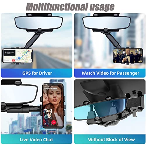 TwoHead 2022 Rearview Mirror Phone Holder for Car,360°Rotatable and Retractable Universal Multifunctional Adjustable Rear View Mirror Car Phone Holder Mount Fits Most Cars and Phone