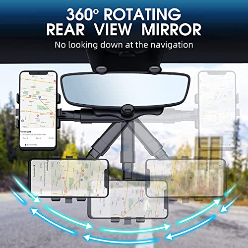 TwoHead 2022 Rearview Mirror Phone Holder for Car,360°Rotatable and Retractable Universal Multifunctional Adjustable Rear View Mirror Car Phone Holder Mount Fits Most Cars and Phone