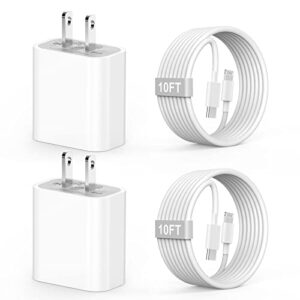 iphone charger 10 ft fast charging, 2 pack [apple mfi certified] pd 20w usb c wall charger block with 10ft long type c to lightning charger cable compatible for iphone 14 13 12 11 pro xs xr x 8 ipad