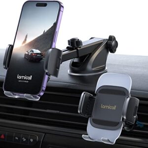 lamicall 2023 dashboard car phone mount holder – [acrylic clamp design] 3in1 long arm car cell phone mount, super suction cup, automobile dashboard windshield vent accessories cradle for all iphone