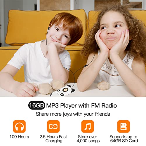 RUIZU 16GB MP3 Player for Kids, Cute Panda Portable Music Player MP3, Child MP3 Player with Bluetooth 5.0, Speaker, FM Radio, Voice Recorder, Alarm Clock, Stopwatch, Pedometer, Support up to 128GB