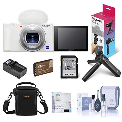 Sony ZV-1 Compact 4K HD Digital Camera, White Bundle Shooting Grip/Tripod, 64GB UHS-II SD Card, Shoulder Bag, Extra Battery, Smart Charger and Accessories