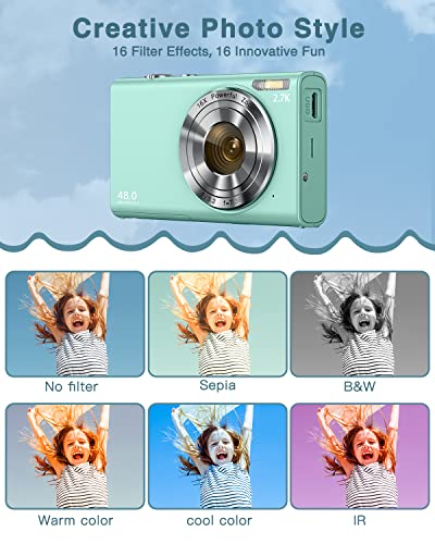 Digital Camera, Zostuic 2.7K Autofocus 48MP Kids Camera with 32 GB Card 16X Zoom Compact Portable Mini Toy Cameras Christmas Birthday Festival Gift for Kid Children Teens Girls Boys(Green)