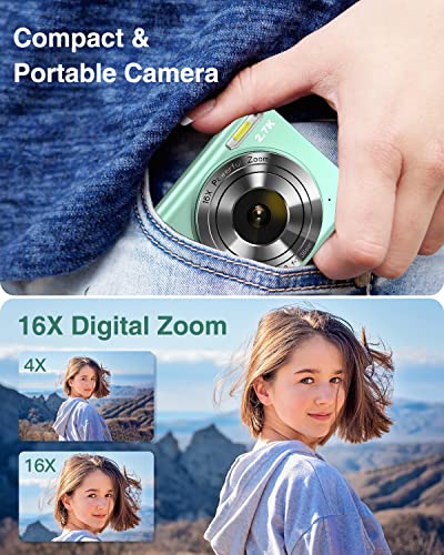 Digital Camera, Zostuic 2.7K Autofocus 48MP Kids Camera with 32 GB Card 16X Zoom Compact Portable Mini Toy Cameras Christmas Birthday Festival Gift for Kid Children Teens Girls Boys(Green)