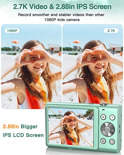 Digital Camera, Zostuic 2.7K Autofocus 48MP Kids Camera with 32 GB Card 16X Zoom Compact Portable Mini Toy Cameras Christmas Birthday Festival Gift for Kid Children Teens Girls Boys(Green)