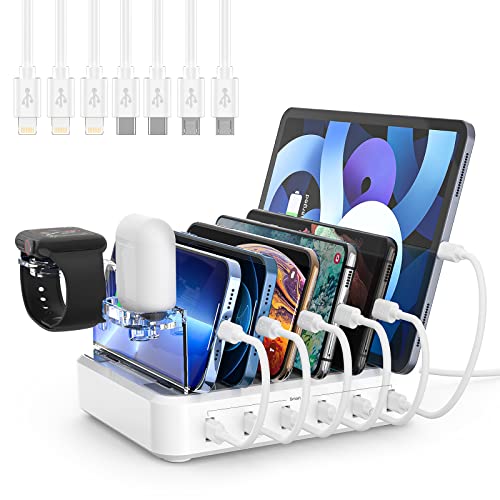 Charging Station for Multiple Devices,60W 12A 6 Port USB Charging Station Organizer with 7 Mixed Cables and iwatch Charger Holder,Compatible with Cellphone,Tablet, Kindle, iPhone iPad and More