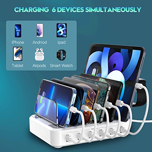 Charging Station for Multiple Devices,60W 12A 6 Port USB Charging Station Organizer with 7 Mixed Cables and iwatch Charger Holder,Compatible with Cellphone,Tablet, Kindle, iPhone iPad and More