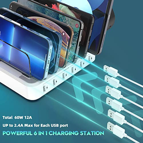 Charging Station for Multiple Devices,60W 12A 6 Port USB Charging Station Organizer with 7 Mixed Cables and iwatch Charger Holder,Compatible with Cellphone,Tablet, Kindle, iPhone iPad and More