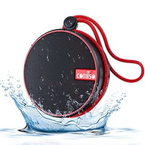 comiso ipx7 waterproof bluetooth speaker, wireless shower speakers with hd sound, small outdoor portable speaker support tf card for boating, pool, hiking, camping, gifts for men & women – black/red