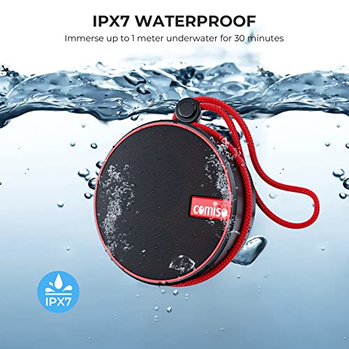 comiso IPX7 Waterproof Bluetooth Speaker, Wireless Shower Speakers with HD Sound, Small Outdoor Portable Speaker Support TF Card for Boating, Pool, Hiking, Camping, Gifts for Men & Women - Black/Red