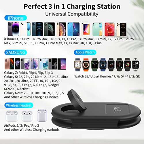 𝟐𝟎𝟐𝟑 𝐍𝐞𝐰 Foldable Wireless Charger, Hicevaiy 3 in 1 Magnetic Charging Pad for Apple Multiple Devices Compatible with iWatch 8/SE/7/6/5/4/3/2, iPhone 14/13/12 Pro/Max, AirPods 3/2/Pro（Black）