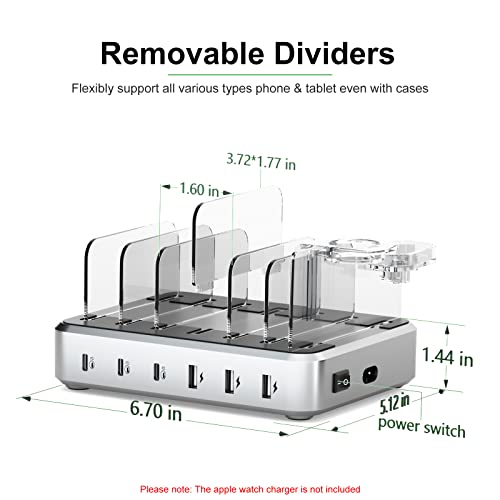 Charging Station for Multiple Devices - TYCRALI 81W 6 Port USB C Charging Station with 3 20W PD Charger, Phone and Watch Charging Stand for iPhone iPad iWatch AirPods Samsung Android Products