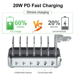 Charging Station for Multiple Devices - TYCRALI 81W 6 Port USB C Charging Station with 3 20W PD Charger, Phone and Watch Charging Stand for iPhone iPad iWatch AirPods Samsung Android Products