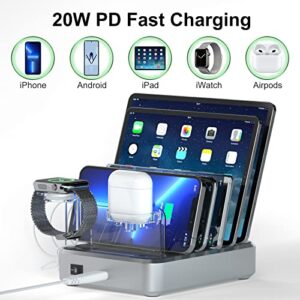 Charging Station for Multiple Devices - TYCRALI 81W 6 Port USB C Charging Station with 3 20W PD Charger, Phone and Watch Charging Stand for iPhone iPad iWatch AirPods Samsung Android Products