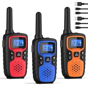 walkie talkies for adults long range-wishouse rechargeable 2 way radios,hiking accessories camping gear toys for kids with lamp,sos siren,noaa weather alert,vox,easy to use(red blue orange 3 pack)