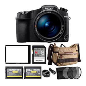 sony cybershot rx10 iv digital camera bundle with lcd protector, 72mm 3-piece filter kit, 64gb memory card, two-pack rechargeable battery and dual charger, and 21 dslr shoulder gadget bag (6 items)