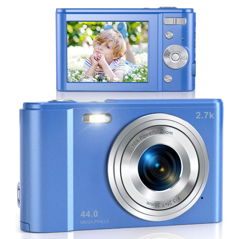 Digital Camera, Lecran FHD 2.7K 44.0 MegaPixels Vlogging Camera with 16X Digital Zoom, 2.88" IPS Screen, Mini Compact Portable Cameras for Students, Teens, Kids (Blue)