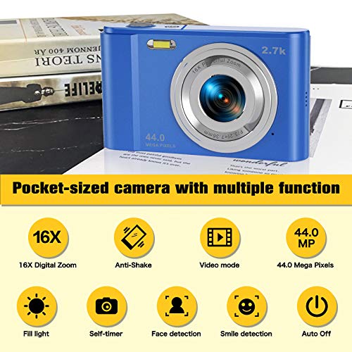 Digital Camera, Lecran FHD 2.7K 44.0 MegaPixels Vlogging Camera with 16X Digital Zoom, 2.88" IPS Screen, Mini Compact Portable Cameras for Students, Teens, Kids (Blue)