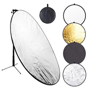 43 inch/110 centimeter light reflector 5-in-1 collapsible photography reflectors kit with metal clamp and light stand for studio lighting outdoor shooting (silver/gold/white/black/translucent)