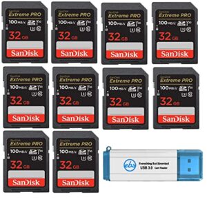 sandisk 32gb (ten pack) sd hc extreme pro memory card for digital dslr camera sdhc 4k v30 uhs-i (sdsdxxg-032g-gn4in) with everything but stromboli (tm) 3.0 sd/tf reader