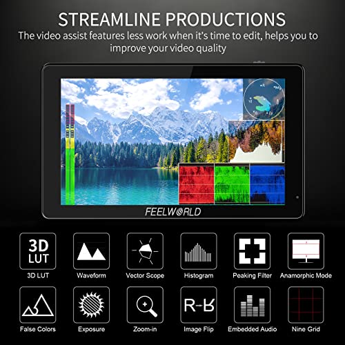FEELWORLD LUT5 5.5 Inch 3000nits Ultra Bright DSLR Camera Field Monitor Auto Dimming Touchscreen HDR 3D LUT with Waveform F970 External Power and Install Kit 4K HDMI Input Output 1920X1080 IPS Panel