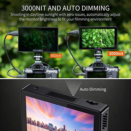 FEELWORLD LUT5 5.5 Inch 3000nits Ultra Bright DSLR Camera Field Monitor Auto Dimming Touchscreen HDR 3D LUT with Waveform F970 External Power and Install Kit 4K HDMI Input Output 1920X1080 IPS Panel