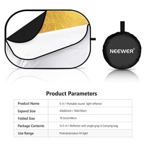 NEEWER 40"x60"/100x150cm Light Reflectors for Photography, Portable 5 in 1 Collapsible Multi Disc with Bag - Translucent, Silver, Gold, Black, White Diffuser for Studio and Outdoor Lighting