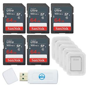 sandisk 64gb ultra sd memory card 5 pack sdxc uhs-i class 10 (sdsdunr-064g-gn3in) bundle with 5 sd card cases & 1 everything but stromboli card reader