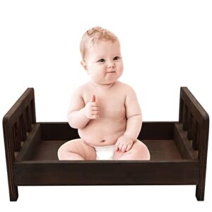spooki newborn photography props bed，0-2 months brown wooden posing baby photoshoot props bed, boys girls doll bed studio props with box for newborn photoshoot (a)